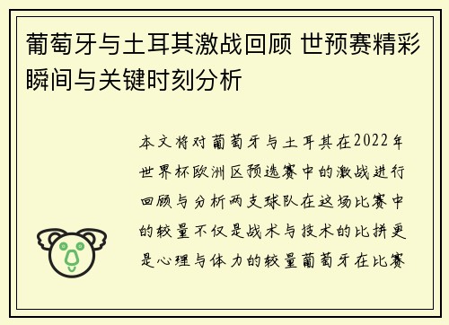 葡萄牙与土耳其激战回顾 世预赛精彩瞬间与关键时刻分析